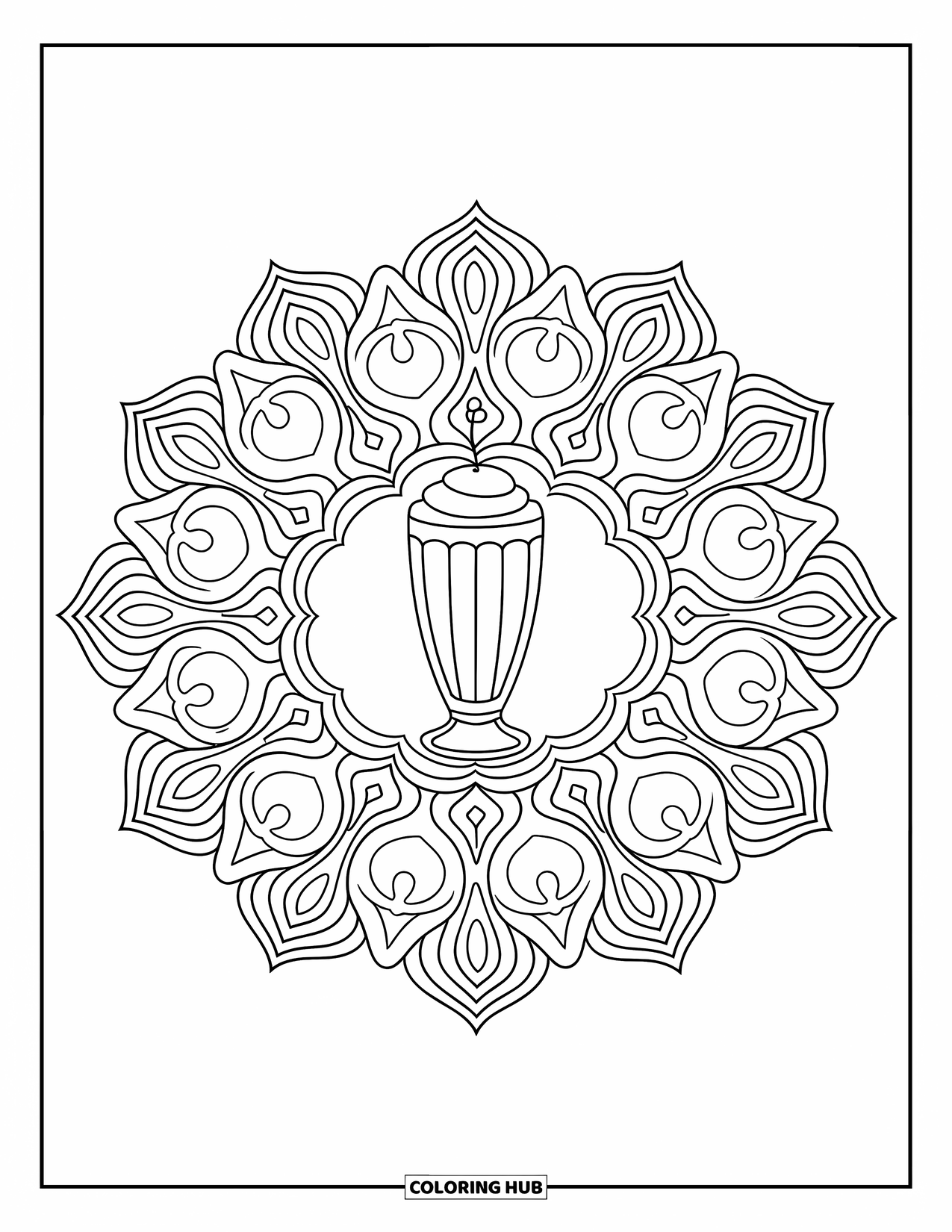 Milkshake Coloring Page for Adults: Vanilla milkshake sits at the center of a detailed floral mandala