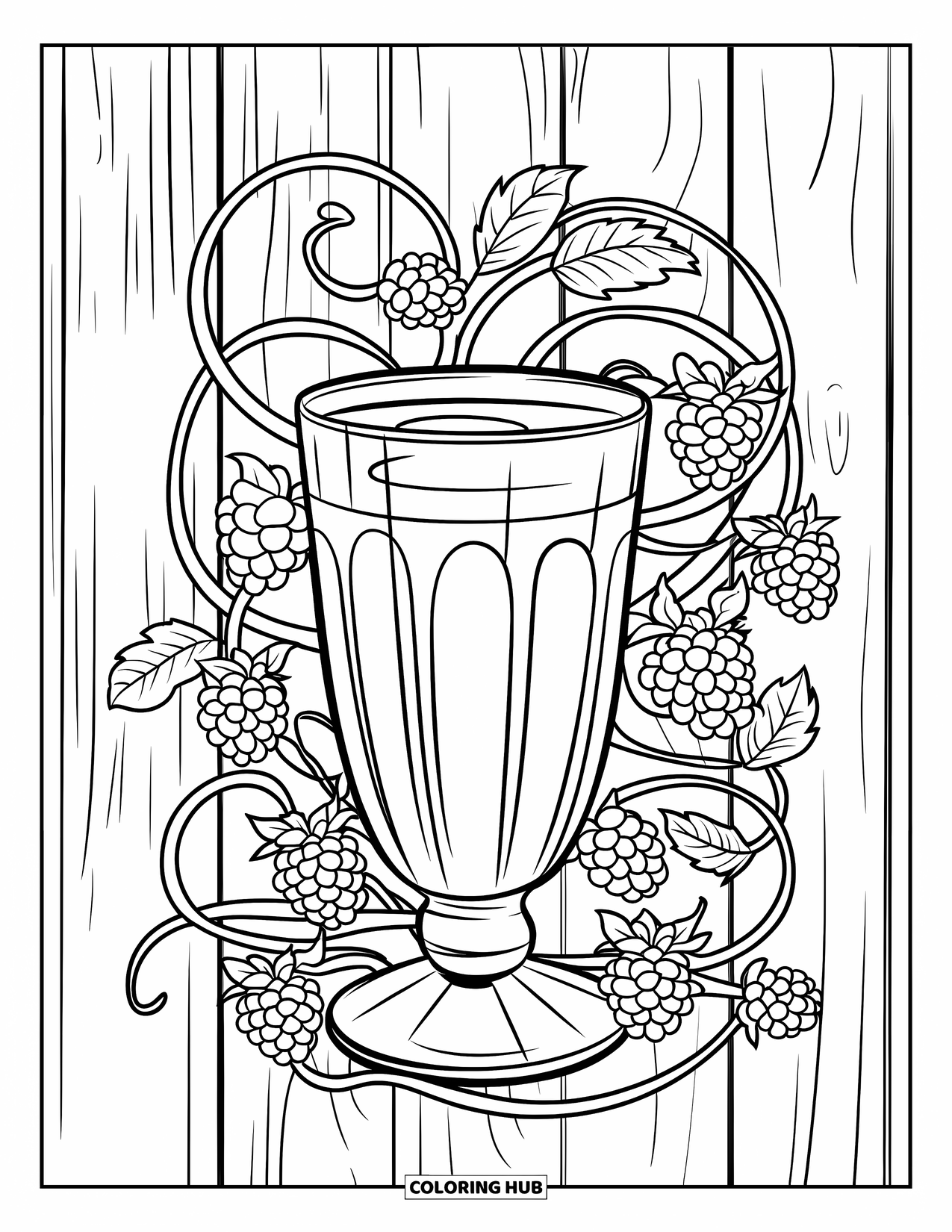 Milkshake Coloring Page for Kids: A blackberry milkshake sits on wood with swirling vines and berries