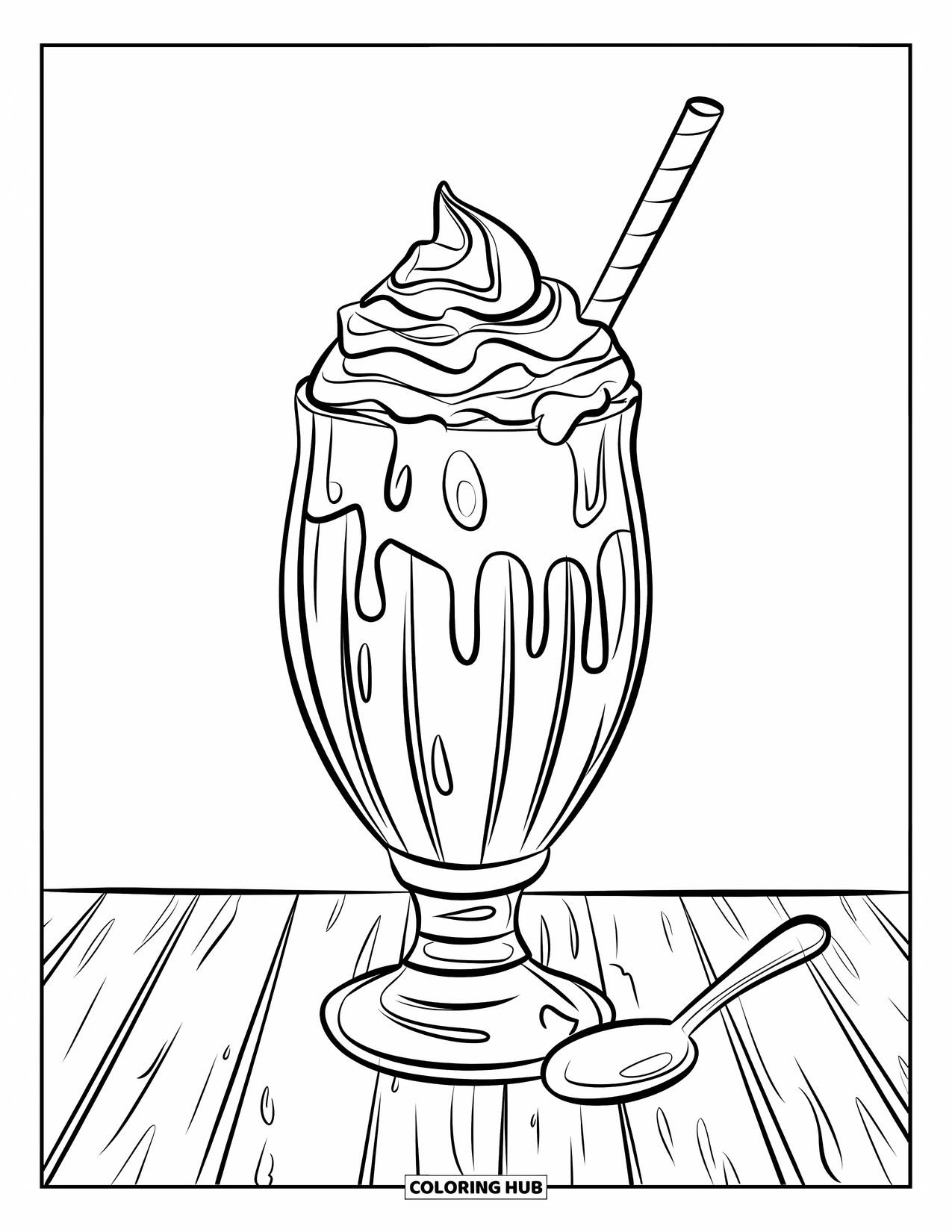Milkshake Coloring Page for Kids: A caramel mocha milkshake with whipped cream and drizzle sits on a wooden surface