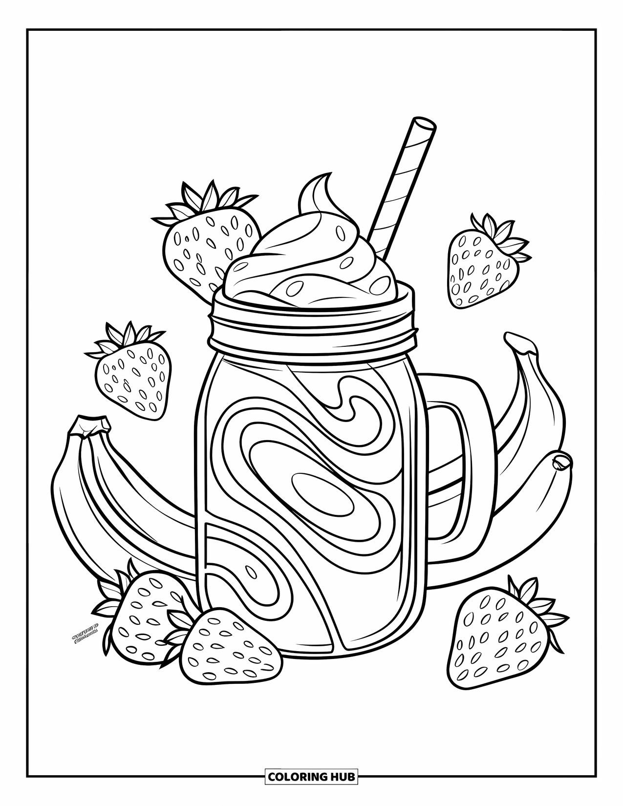 Milkshake Coloring Page for Kids: A strawberry banana milkshake with swirls and fruit sits in a mason jar