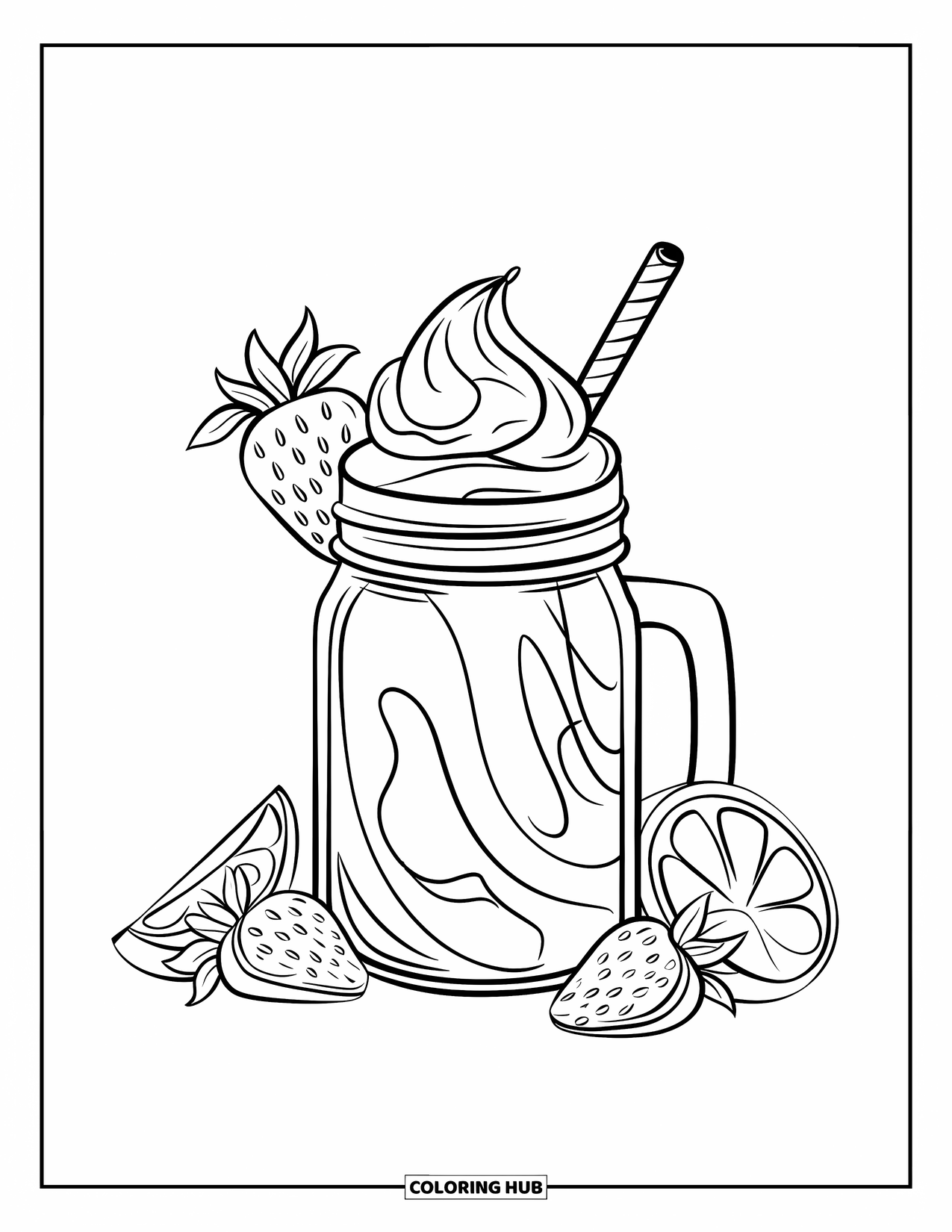 Milkshake Coloring Page for Kids: A strawberry banana swirl milkshake in a mason jar is surrounded by fruit slices