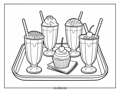 Turmix kifestő gyerekeknek: Tálca négy feltétes turmixszal és egy muffin szalvétákkal rendesen elrendezve