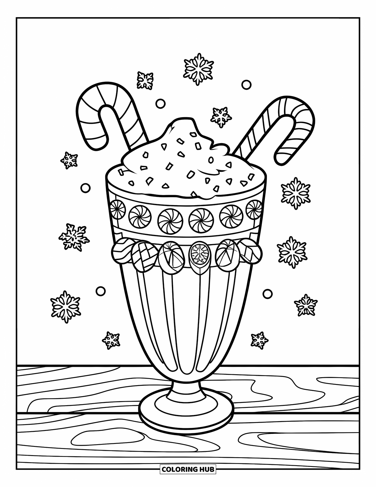 Milkshake Coloring Page for Kids: A whipped peppermint milkshake with sprinkles and snowflakes rests on a wooden surface