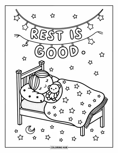 Mindfulness-värityskuva aikuisille: Lapsi halaa pehmoeläintä futonilla bannerin alla, jossa lukee "Rest is good"