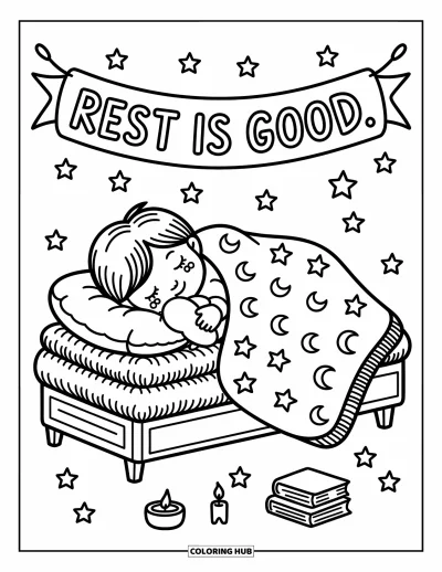 Mindfulness-värityskuva aikuisille: Lapsi kuhertelee futonilla tähtien, kuiden ja "Rest is good" -bannerin alla