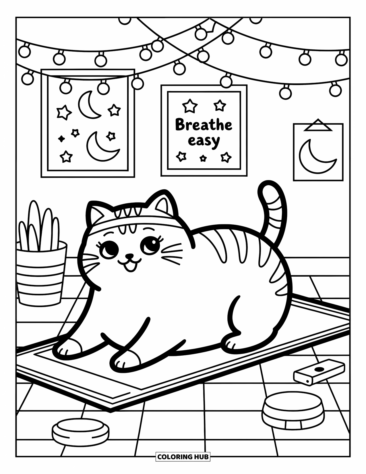 Mindfulness Coloring Page for Adults: A cozy cat does yoga under twinkle lights with a "breathe easy" note nearby