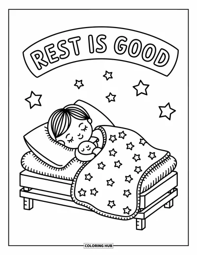 Mindfulness-värityskuva aikuisille: Söpö lapsi kuhertelee futonilla pehmoeläimen kanssa bannerin alla, jossa lukee "Rest is good"