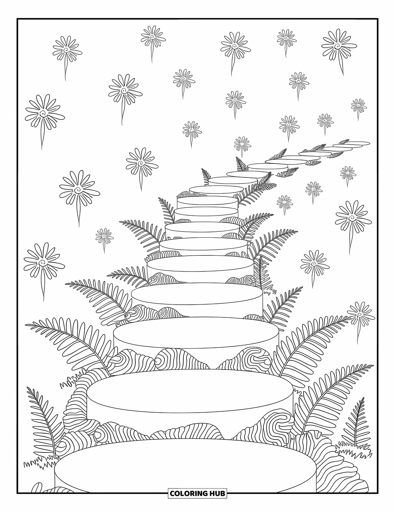 Mindfulness Coloring Page for Adults: A long path of stepping stones weaves through delicate ferns and swirling moss patterns