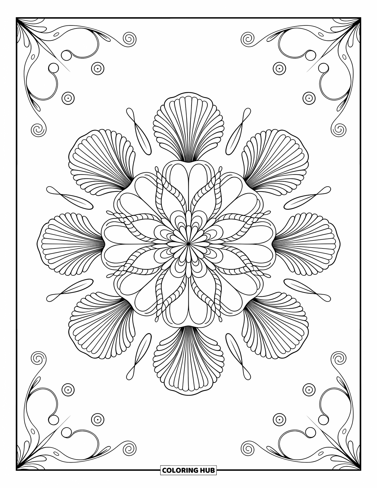Mindfulness Coloring Page for Adults: A mandala made of seashells, coral, and ocean curves fills the page with intricate patterns