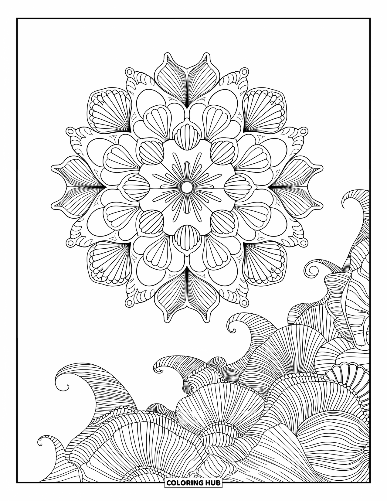 Mindfulness Coloring Page for Adults: A mandala of seashells, coral shapes, and ocean curves swirls with intricate background patterns