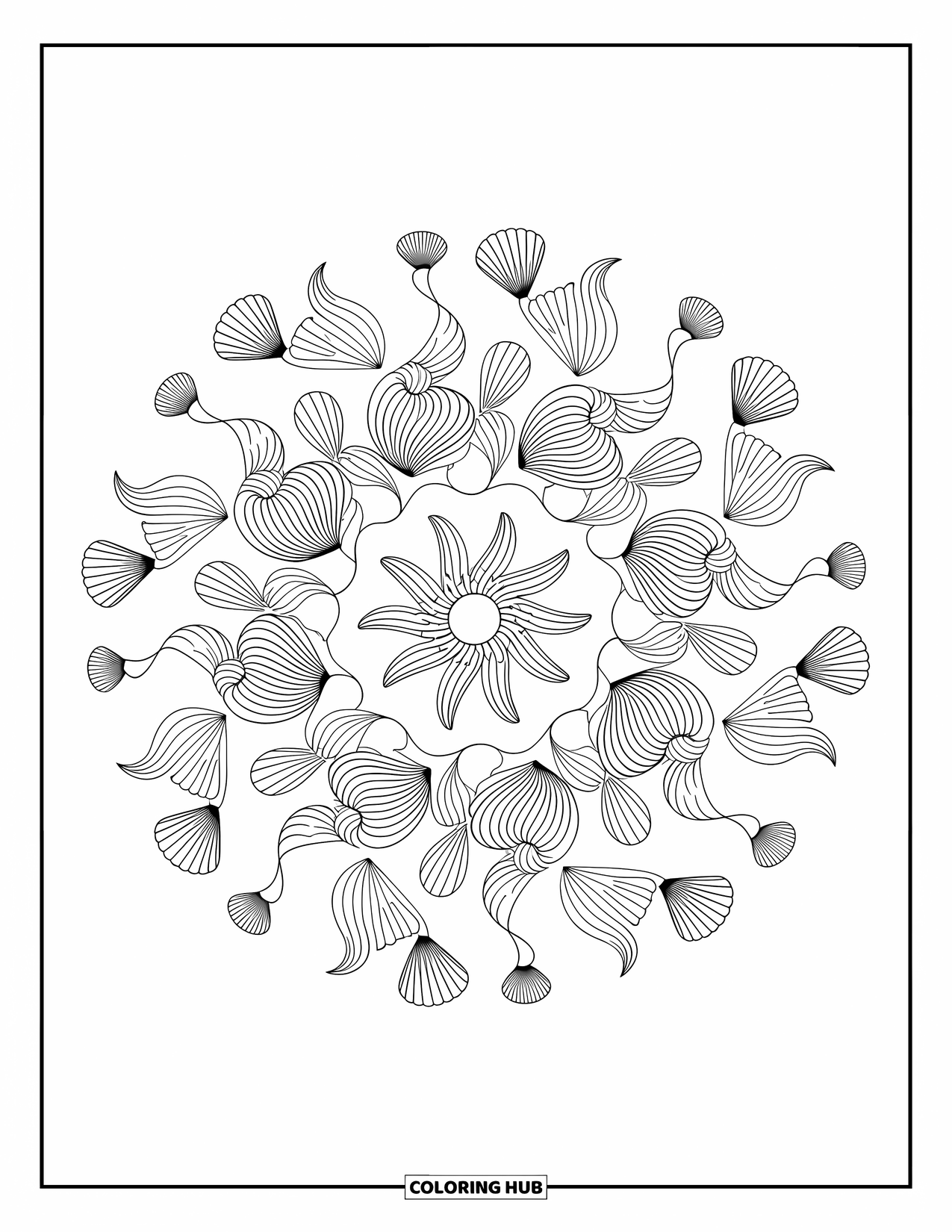 Mindfulness Coloring Page for Adults: A mesmerizing mandala of seashells, coral, and flowing ocean curves covers the entire design