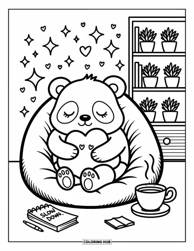 Mindfulness-värityskuva aikuisille: Panda halaa pientä pilvityynyä säkkituolissa tähtien, sydänten ja "slow down" -lapun kera
