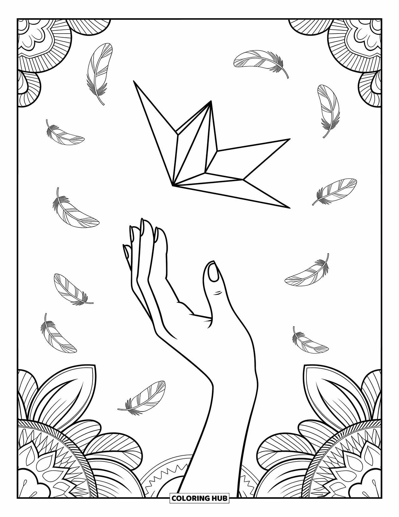 Mindfulness Coloring Page for Adults: A paper crane rises from a hand surrounded by floating feathers and intricate background designs