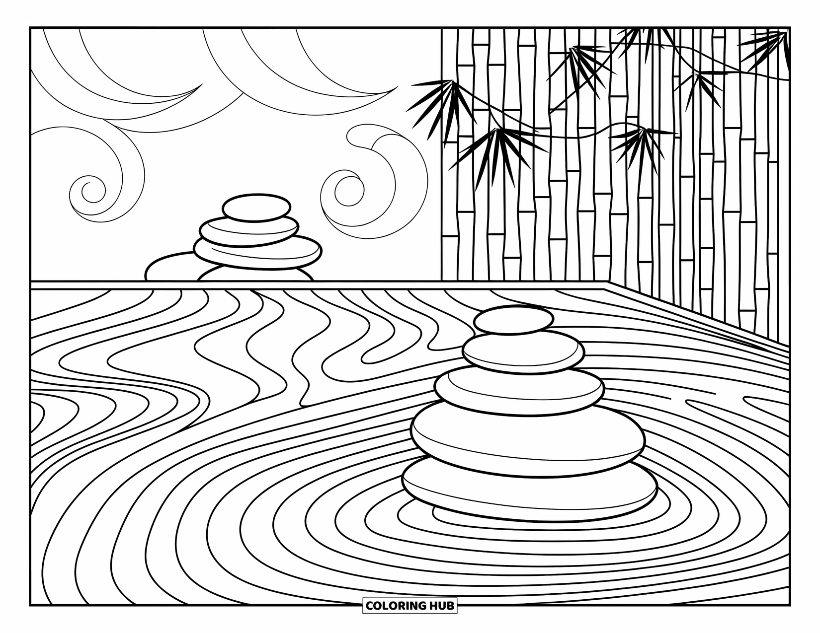 Mindfulness Coloring Page for Adults: A peaceful zen garden with raked sand, stacked stones, and flowing bamboo patterns throughout