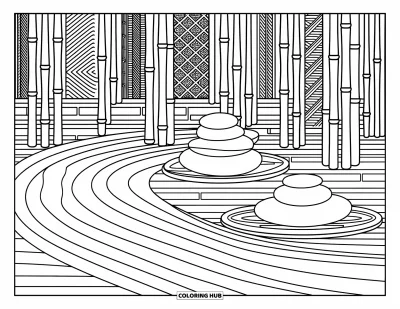 Mindfulness-värityskuva aikuisille: Rauhallinen zen-puutarhakohtaus haravoiduin aalloin, kivin ja bambukuvioin kudottuna muotoon