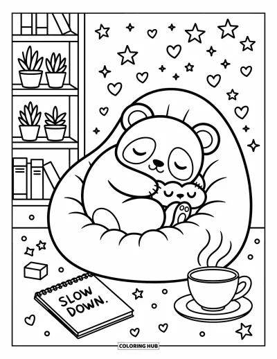 Mindfulness-värityskuva aikuisille: Unelias panda käpertyy pilvityynyn kanssa leijuvien tähtien ja sydänten ympäröimänä