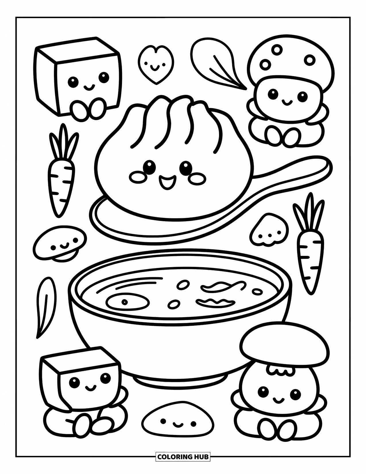 Mindfulness Coloring Page for Adults: A smiling dumpling balances on a spoon above soup, surrounded by peaceful kawaii food friends