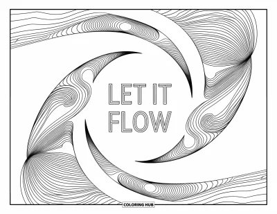 Mindfulness-värityskuva aikuisille: Aaltojen ja viivojen spiraali ympäröi tekstiä "Let it flow" yksityiskohtaisine taustoineen