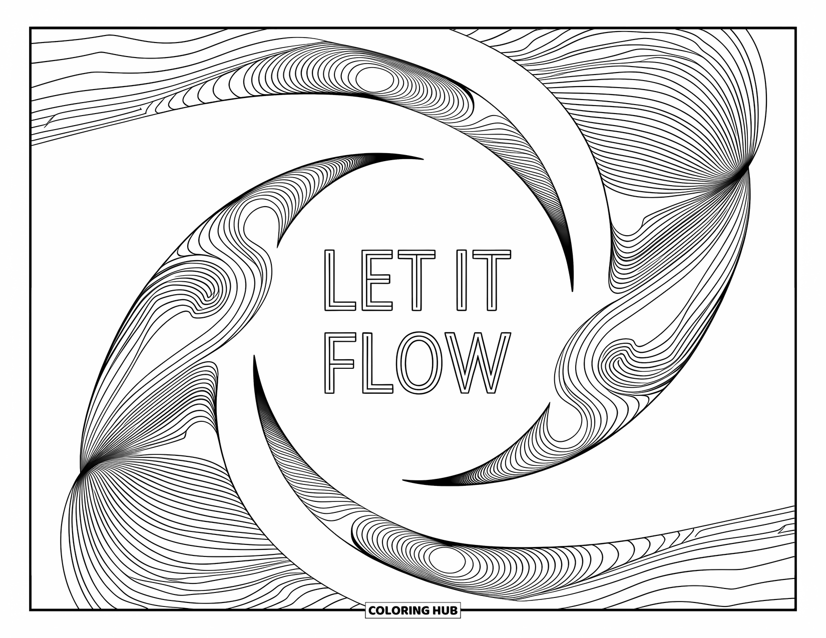 Mindfulness Coloring Page for Adults: A spiral of waves and lines encircles "Let it flow" with detailed backgrounds and bold outlines