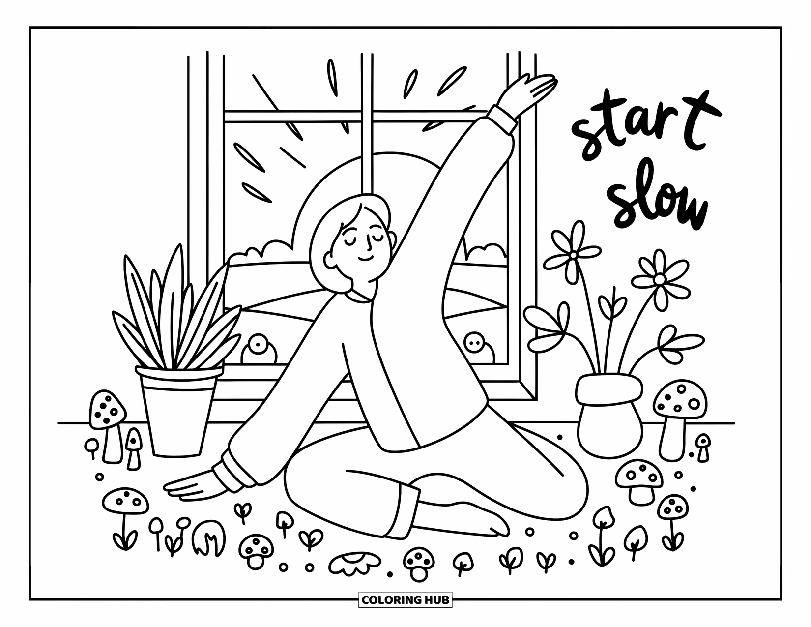 Mindfulness Coloring Page for Adults: A sunrise scene with a stretching figure, playful plants, and a soft "Start slow" affirmation