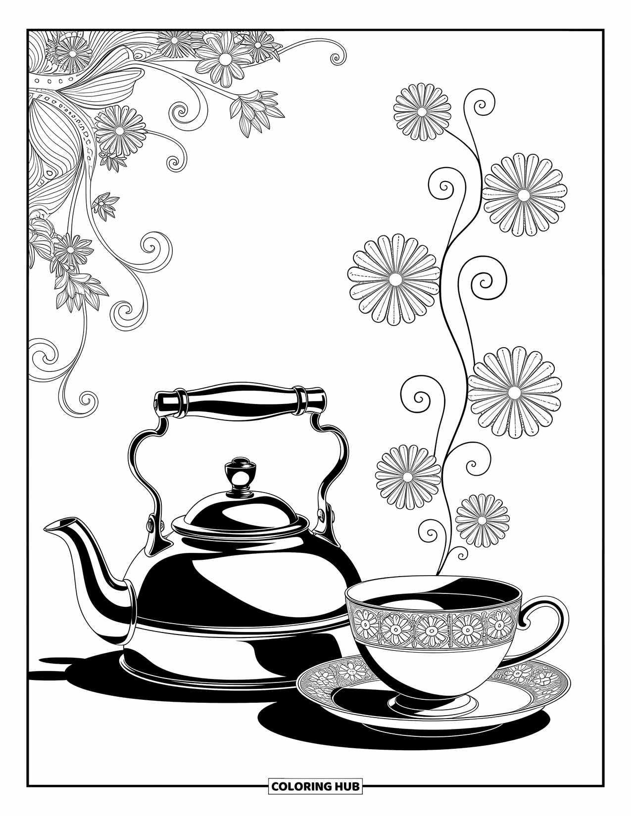 Mindfulness Coloring Page for Adults: A tea kettle and teacup rest with floral steam patterns and intricate, swirling background designs