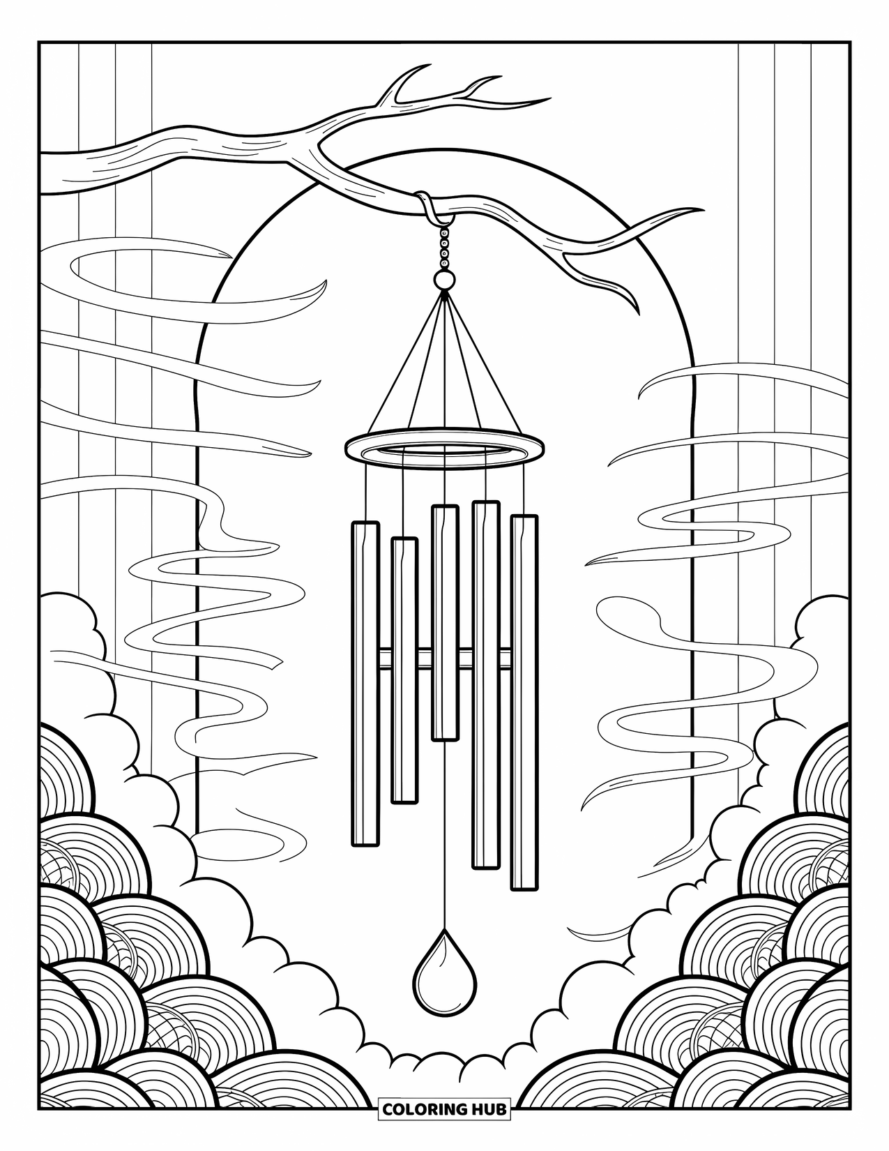 Mindfulness Coloring Page for Adults: A wind chime floats among swirling air lines with detailed, sophisticated background patterns