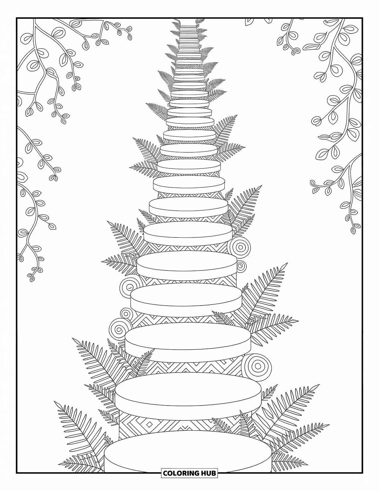 Mindfulness Coloring Page for Adults: A winding path of stepping stones is bordered by ferns and mossy spirals