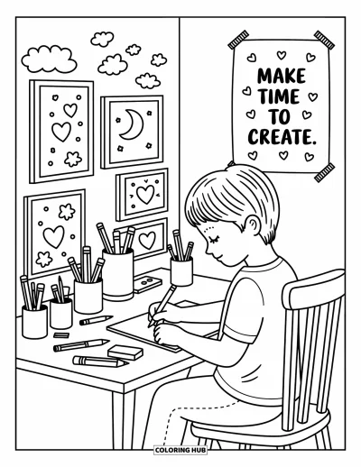 Mindfulness-värityskuva aikuisille: Nuori henkilö piirtää tunnelmallisella työpöydällä kawaii-työkalujen ja "Make time to create" -julisteen kera