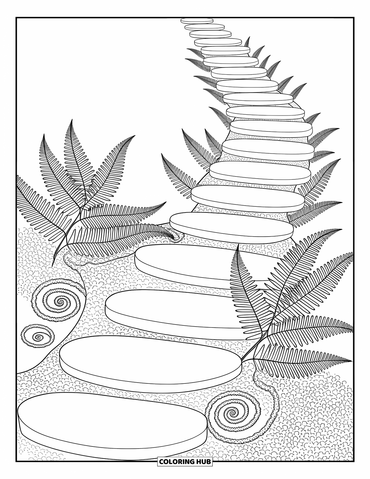 Mindfulness Coloring Page for Adults: Stepping stones wind through ferns and mossy spirals with bold outlines and rich backgrounds