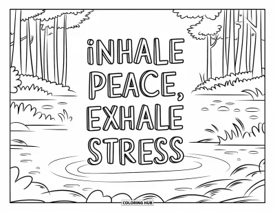 Mindfulness-värityskuva lapsille: Rauhallinen järvinäkymä korkeine puineen ja teksti "Inhale peace, exhale stress" leijuen yllä