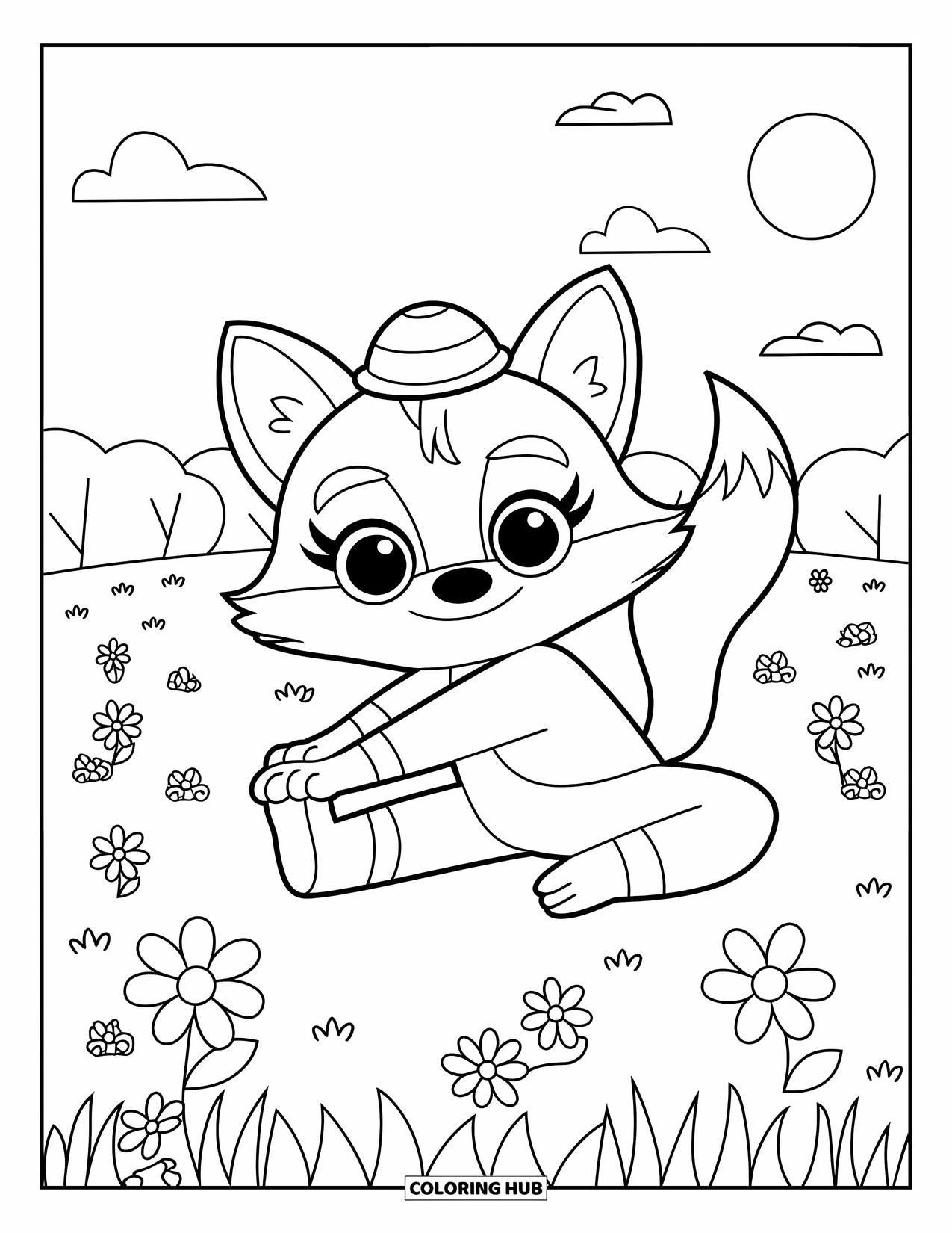 Mindfulness Coloring Page for Kids: A cute fox stretches gently in a meadow filled with flowers under a bright sky