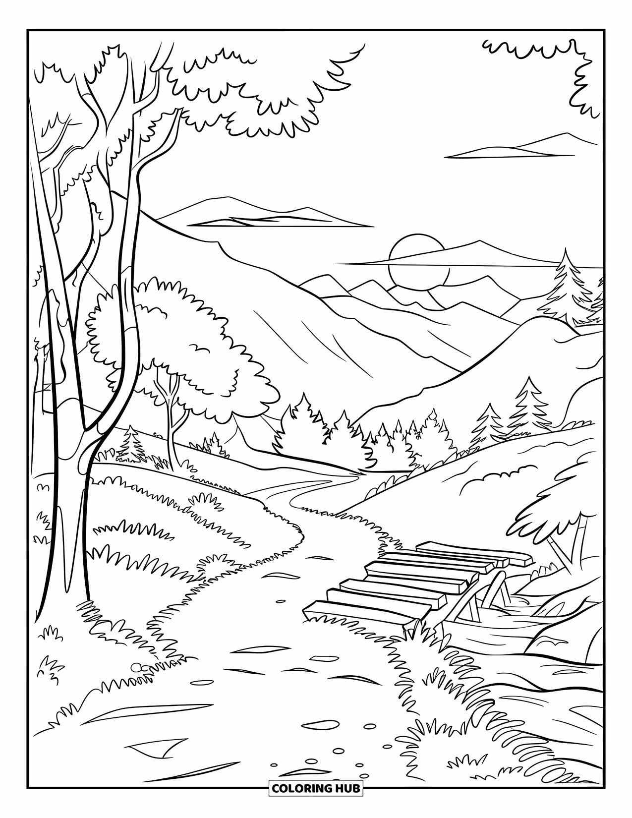 Mindfulness Coloring Page for Kids: A forest path lined with trees crosses a wooden bridge toward distant mountains