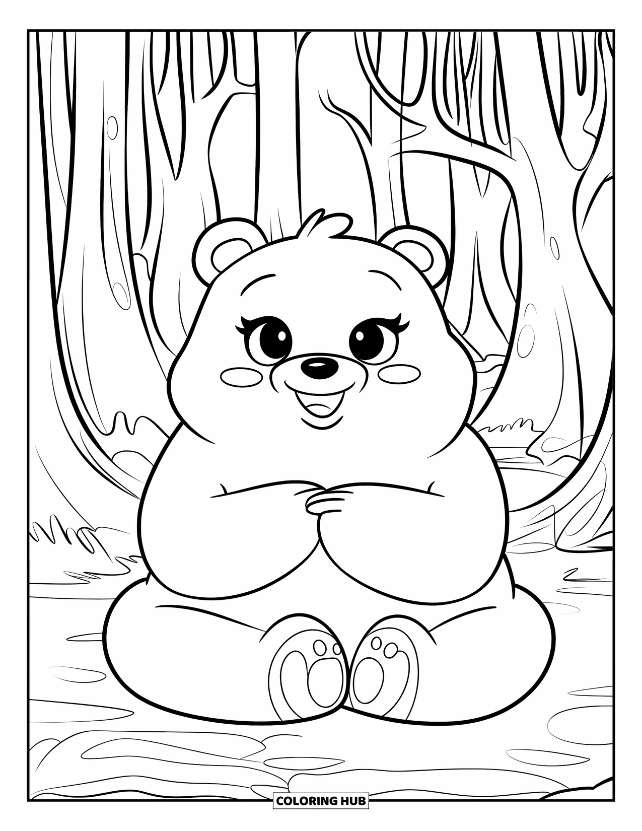 Mindfulness Coloring Page for Kids: A happy bear sits peacefully among tall trees, breathing deeply in a calm forest