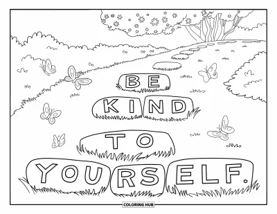 Mindfulness-värityskuva lapsille: Rehevä puutarhapolku vihreyksineen ja perhosineen muodostaa tekstin "Be kind to yourself"