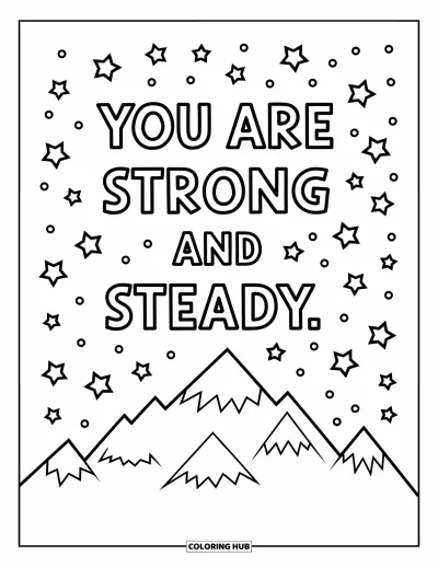 Mindfulness-värityskuva lapsille: Vuoren siluetti yötaivasta vasten tähtien kanssa ja teksti "You are strong and steady" yllä