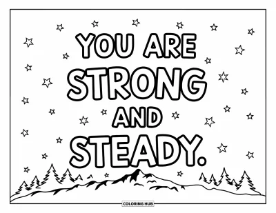 Mindfulness-värityskuva lapsille: Vuori tähtien ja puiden alla yötaivaalla, alareunassa teksti "You are strong and steady"