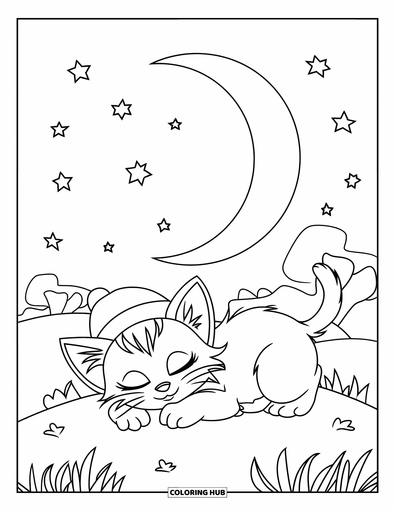 Mindfulness Coloring Page for Kids: A peaceful kitten rests on a soft hilltop under a crescent moon and a starry sky