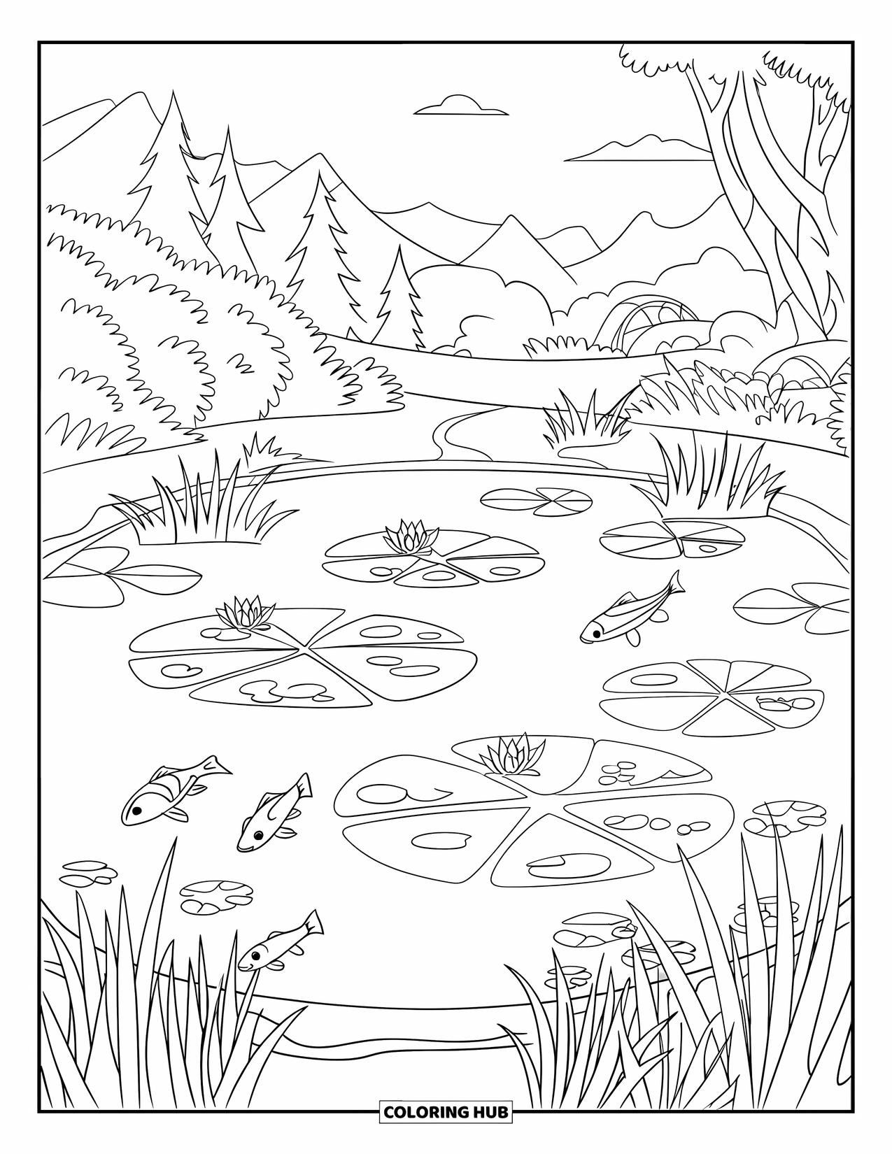 Mindfulness Coloring Page for Kids: A peaceful koi pond with lily pads, swimming fish, and tall grass nearby