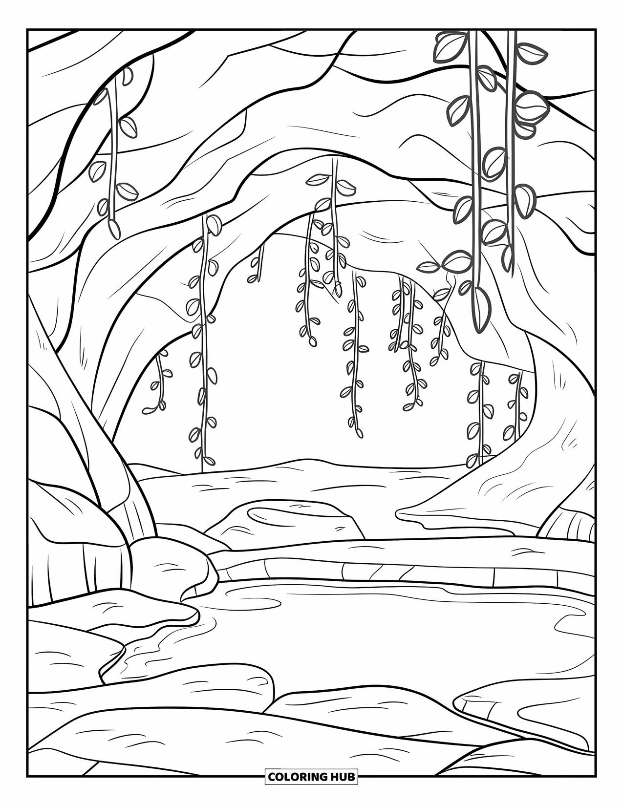 Mindfulness Coloring Page for Kids: A quiet cave with hanging vines, smooth walls, and a small pool surrounded by rocks