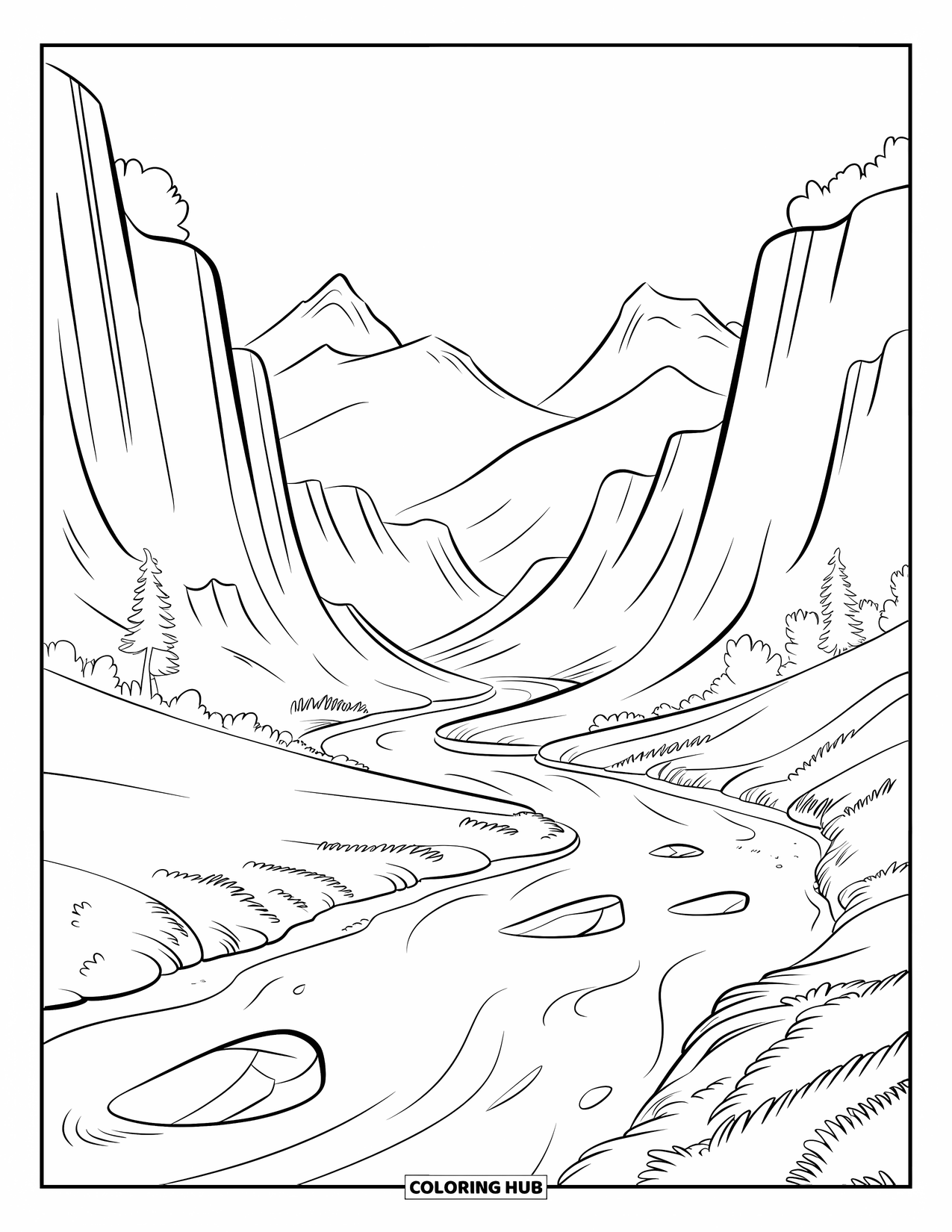 Mindfulness Coloring Page for Kids: A slow river bends through a valley between tall, misty hills with scattered rocks
