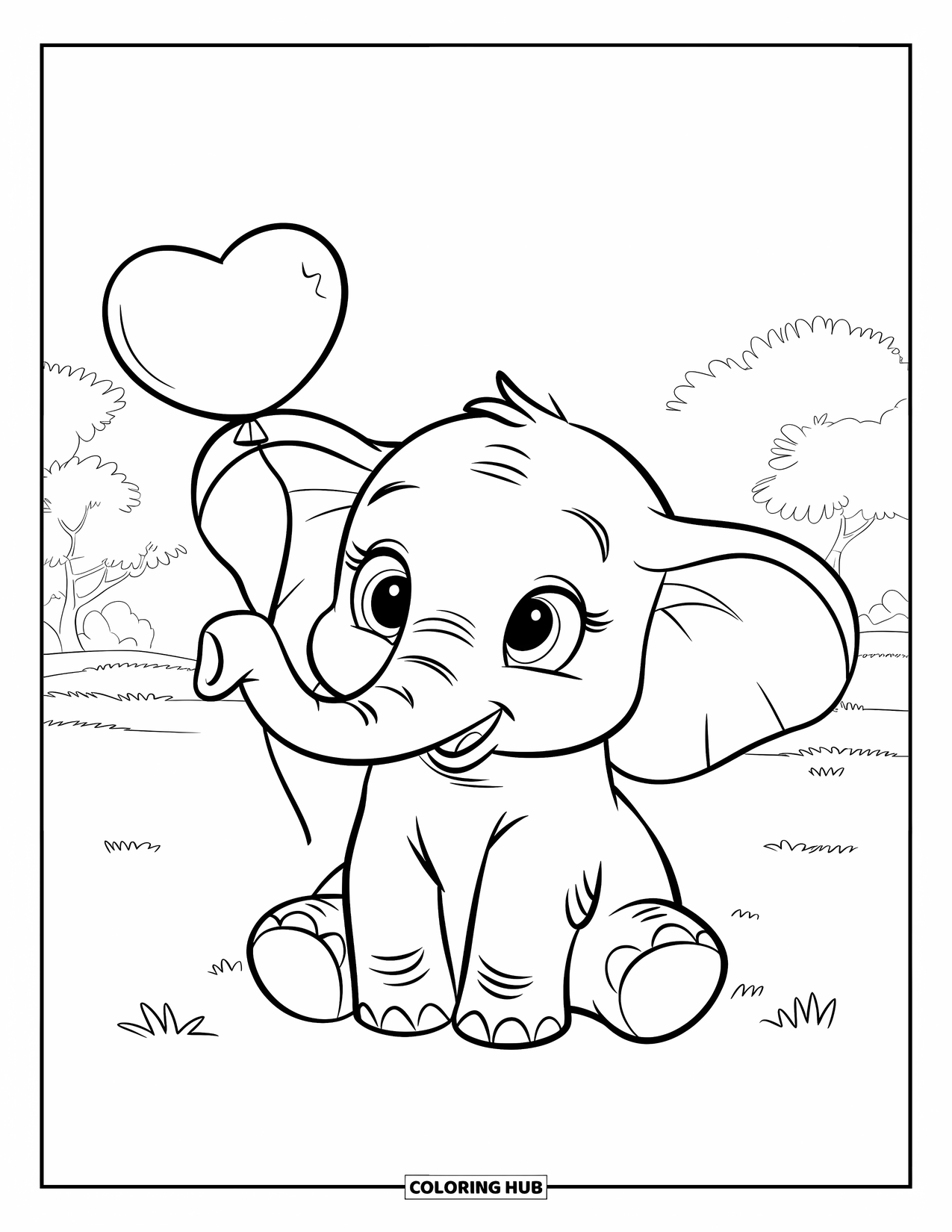 Mindfulness Coloring Page for Kids: A smiling elephant sits peacefully in a grassy field holding a heart-shaped balloon