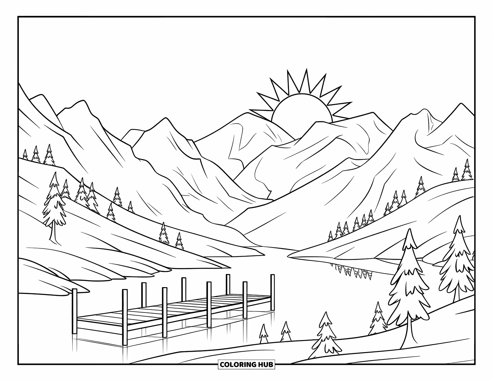 Mindfulness Coloring Page for Kids: A smiling sun shines over hills with a calm lake and a quiet wooden dock
