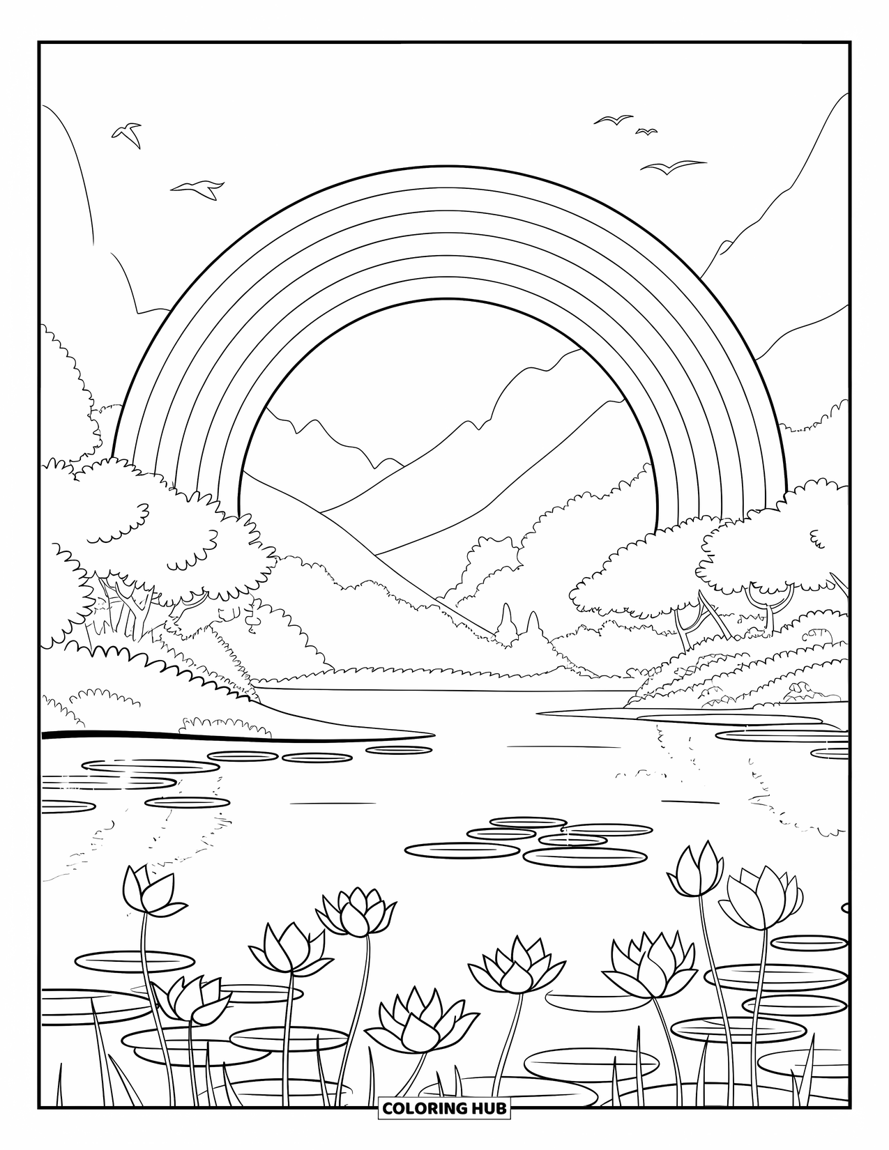 Mindfulness Coloring Page for Kids: A soft rainbow stretches over a quiet lake surrounded by trees, mountains, and flying birds