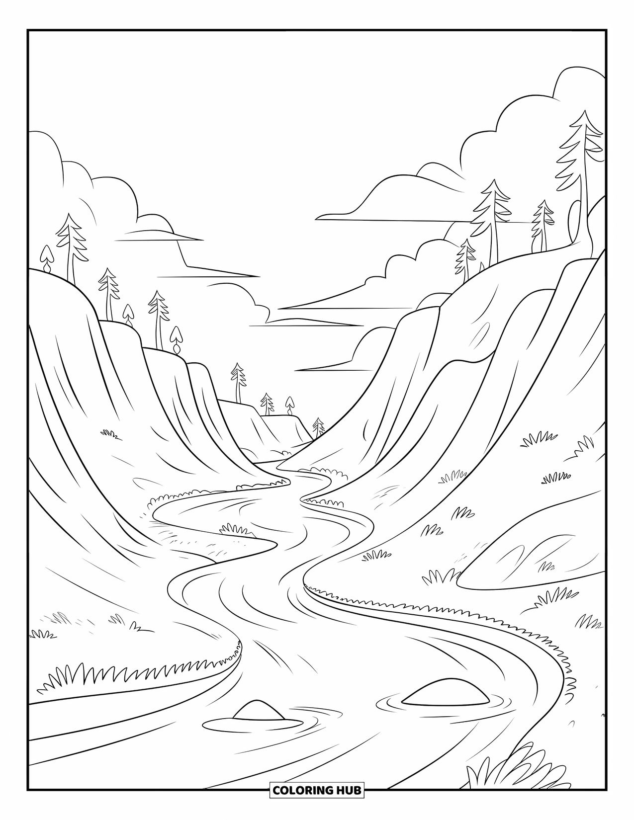 Mindfulness Coloring Page for Kids: A winding river flows gently between grassy hills under a sky with a few clouds