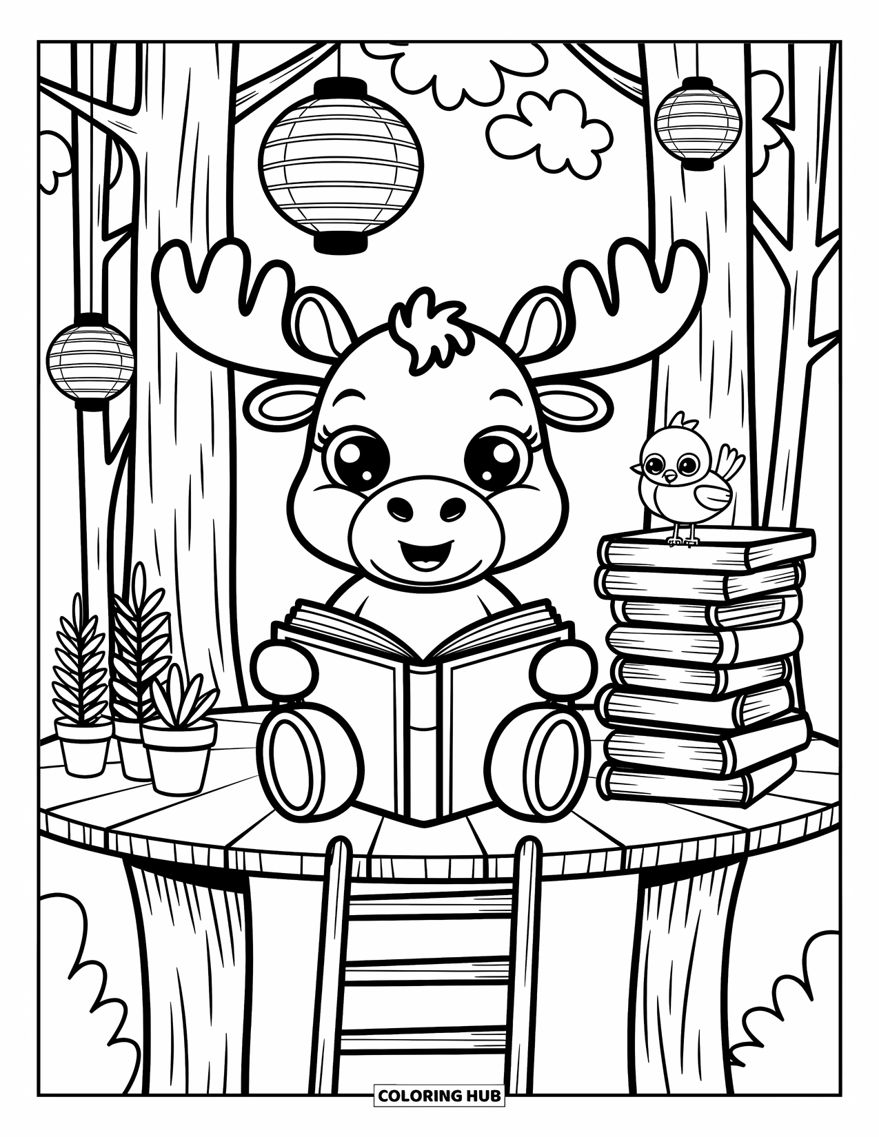 Moose Coloring Page for Adults: Adorable moose reads in a treehouse while a bird rests playfully on its antlers