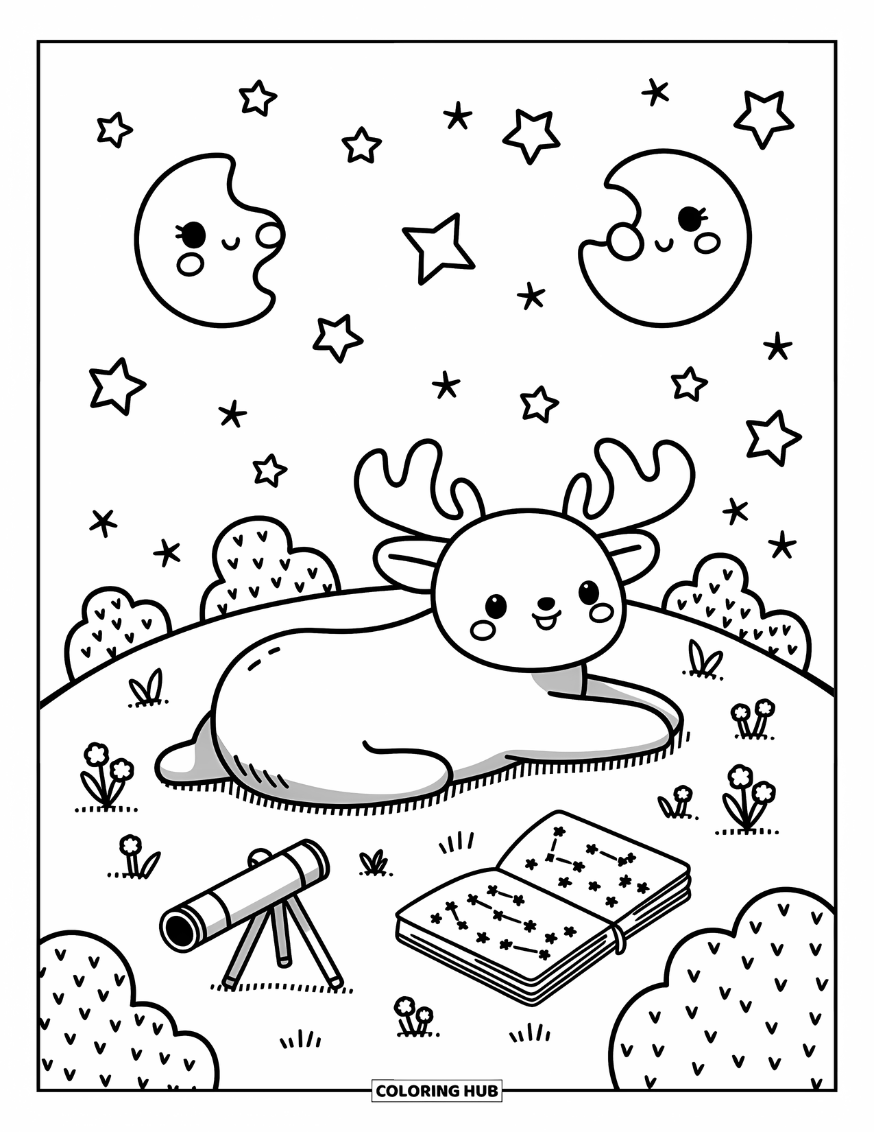 Moose Coloring Page for Adults: Curious moose watches stars and moons above with a telescope and constellation notes