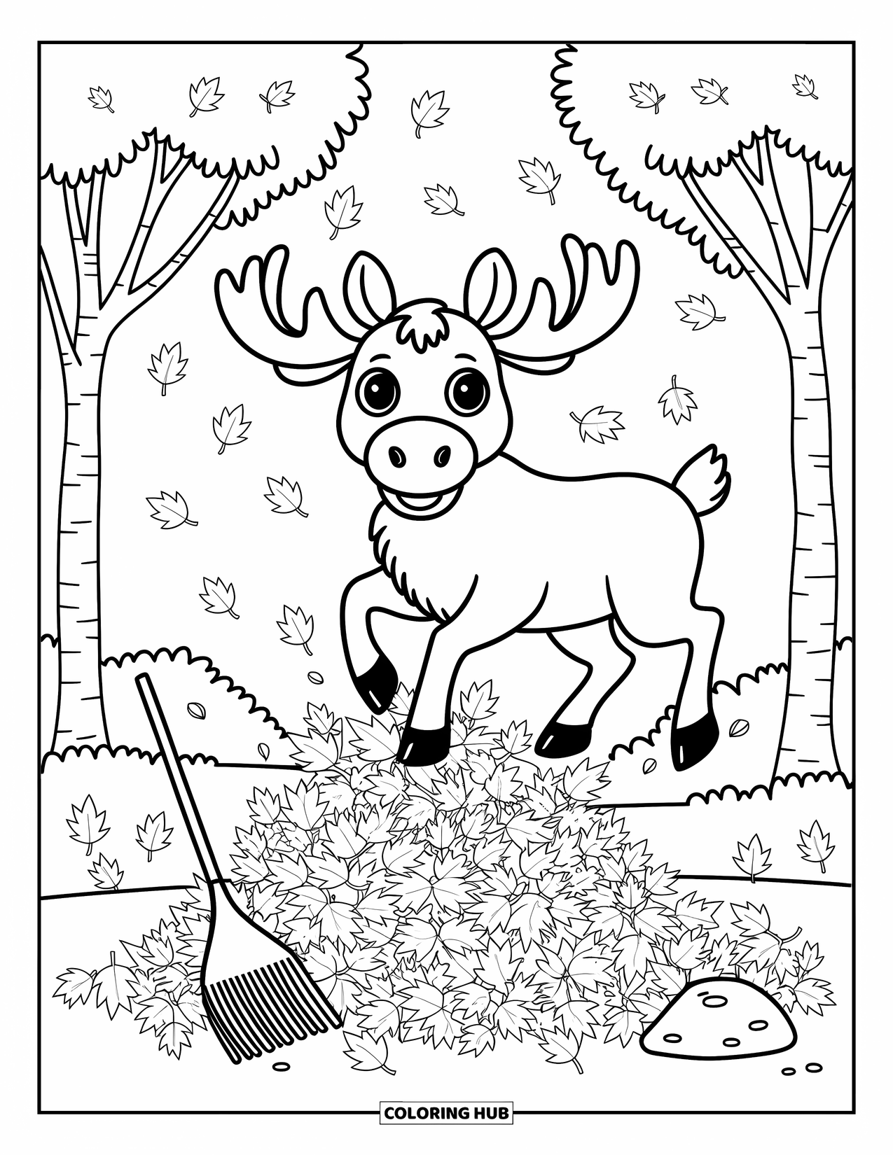 Moose Coloring Page for Adults: Grinning moose jumps into leaves while a little rake rests against a rock
