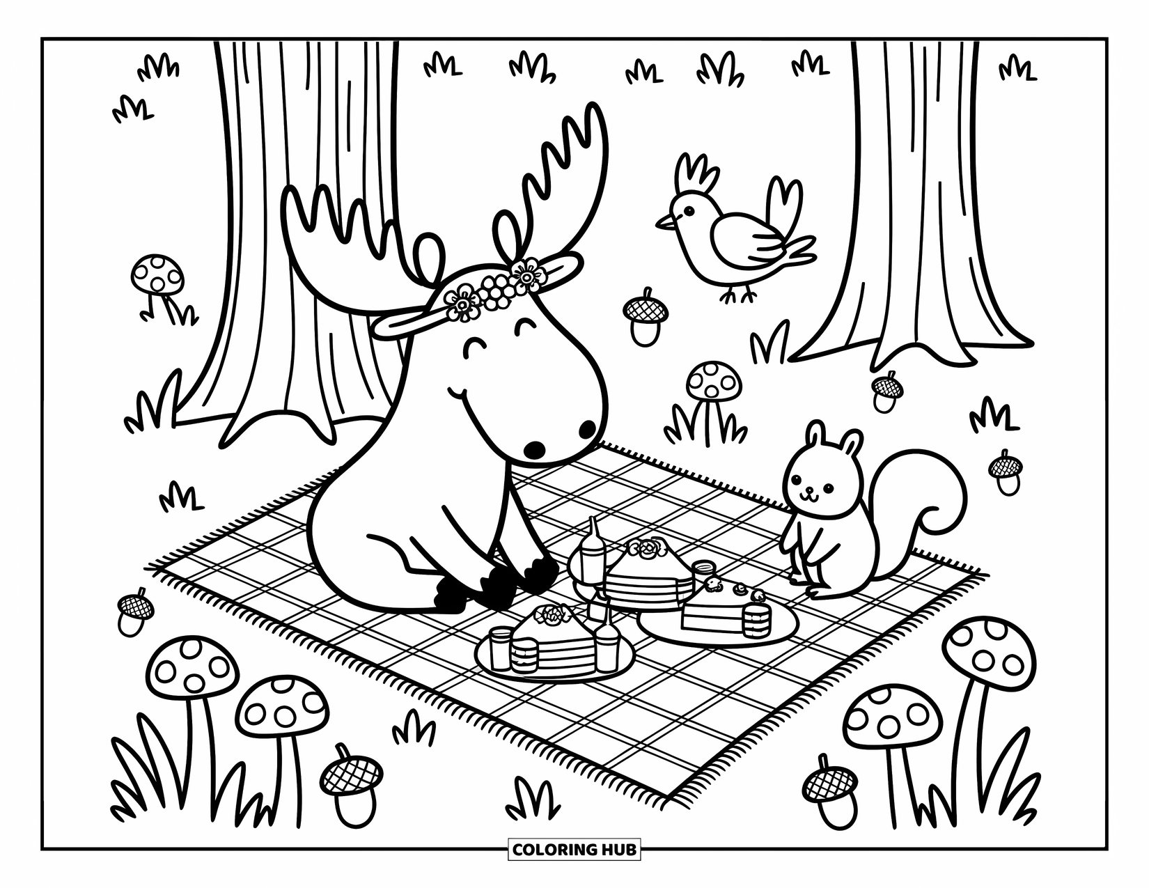 Moose Coloring Page for Adults: Moose lounges under a tree having a sweet picnic with a bird and squirrel