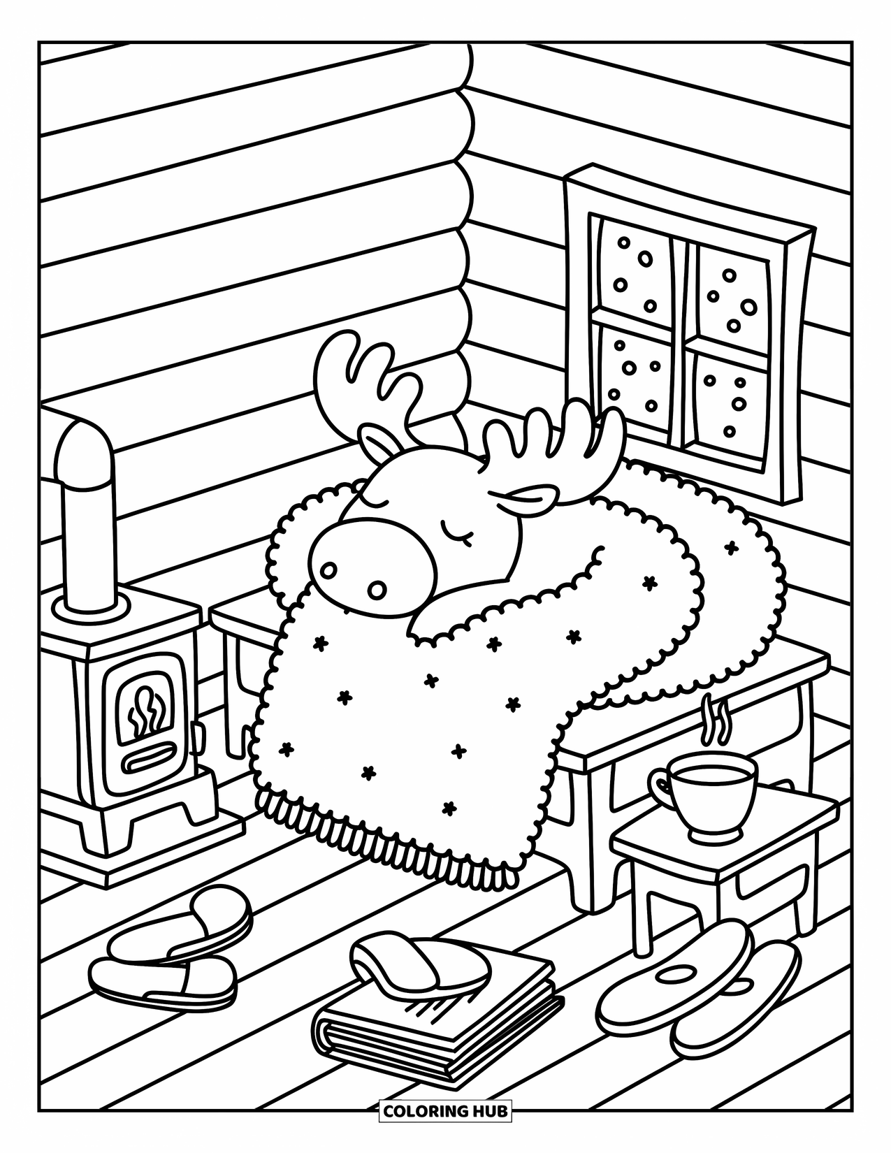 Moose Coloring Page for Adults: Moose naps under a blanket near a warm stove and window showing gentle snow