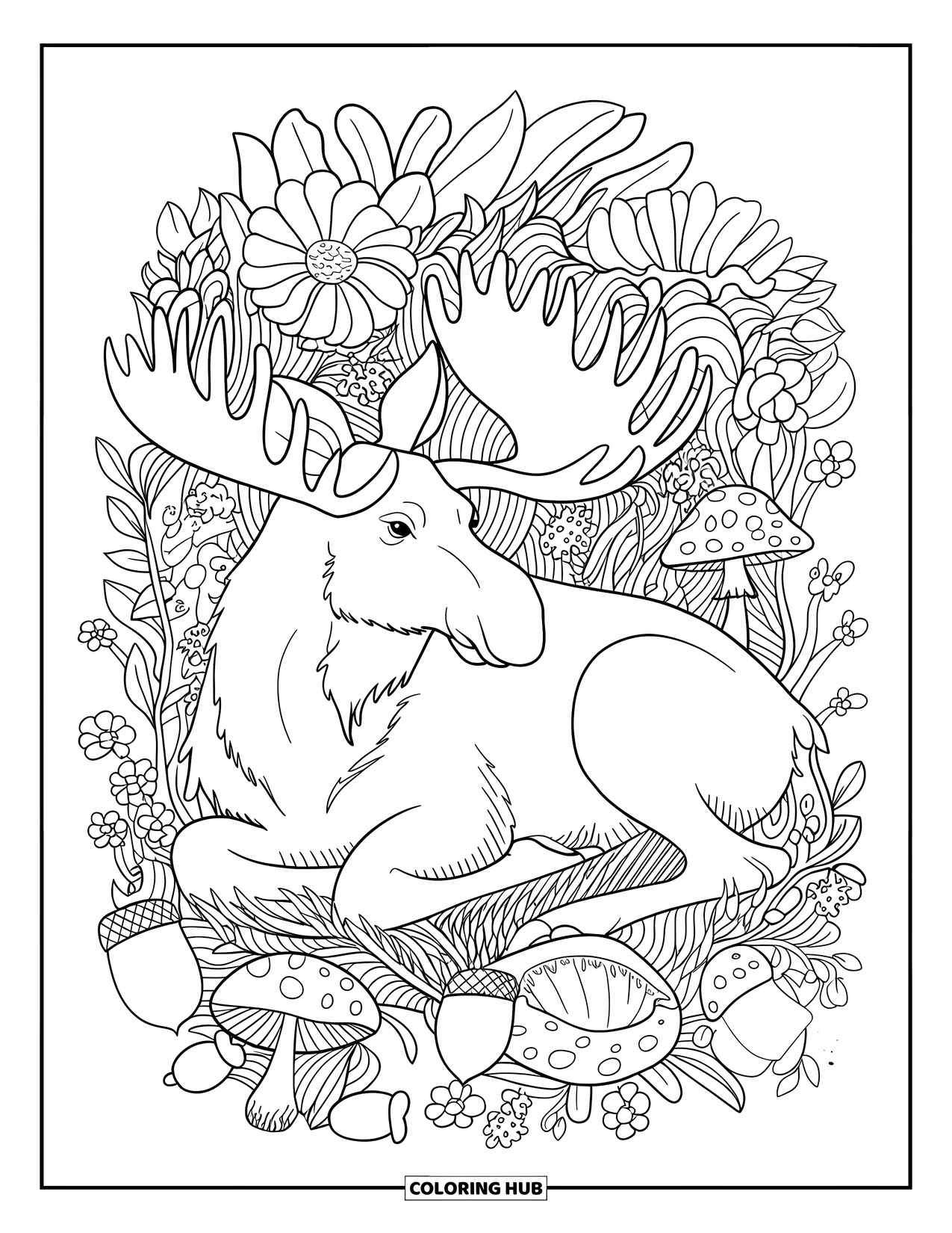 Moose Coloring Page for Adults: Moose relaxes among patterned forest plants in a peaceful adult design
